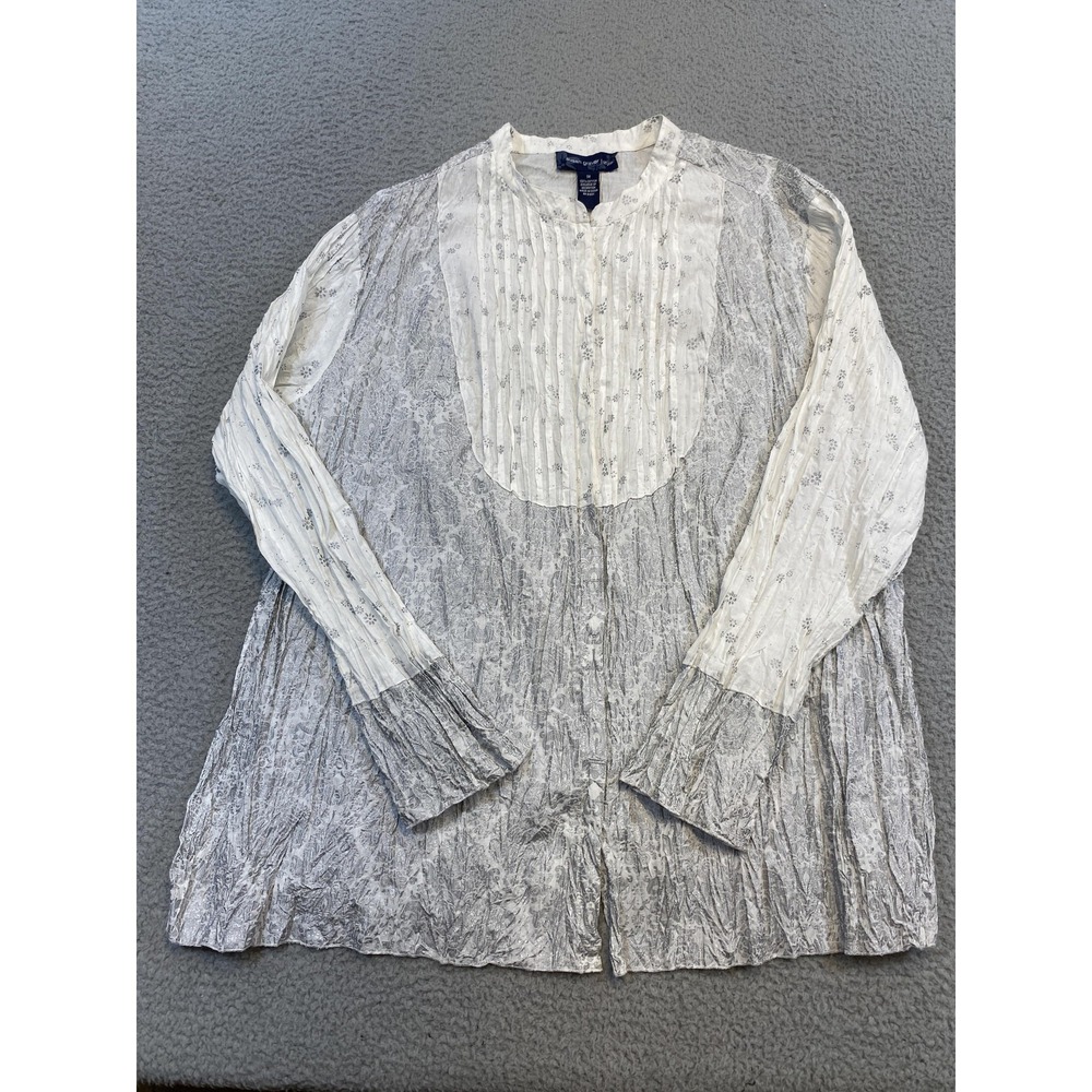 Susan Graver Shirt Womens 3X White Gray Crinkle Floral Paisley Tunic